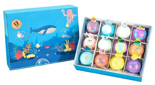 Badesalzkugeln – 12 Stück Seifenblasen-Körperreiniger im Meerestier-Design, Sprudelkapsel für Kinder, natürlicher Duft, Sheabutterbasis, Hautweichmacher, schwimmende Fruchtstückchen | Öko-Wrapper für
