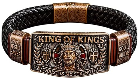 Genérico Pulsera de Fe Rey de Reyes – Regalo de Pulsera Cristiana Ajustable, Pulsera de Cuero con Grabado de Jesucristo, Regalo Cristiano para Hombres, Esposos y Padres (1PC)