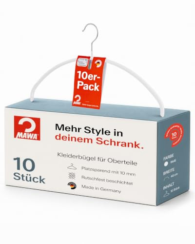 MAWA Kleiderbügel, Set mit 10 hochwertigen, platzsparenden, rutschfesten Kleiderbügeln, ideal für T-Shirts und Pullover, mit 360° drehbarem Haken und Rutschfester Beschichtung, 46 cm, Weiß