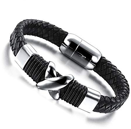 Beydodo Lederarmband Schwarz Herren 22 cm, Armband Charms Gothic Buchstabe X Partnerarmband Edelstahl Armband Leder
