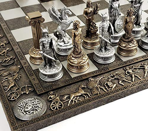 Greek Mythology Olympus Gods Zeus vs Poseidon Pewter and Bronze Color Chess Set with 17 Greek Board