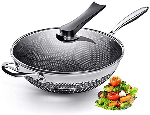 WRMIGN Padella antiaderente a nido d'ape bifacciale in acciaio inox 304 Wok senza olio fumo padella wok senza fosforo, nero, 34 cm