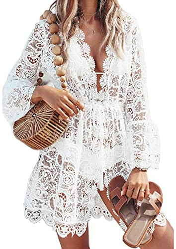 Women Lace Floral Bikini Cover Ups V Neck Hollow Out Swimwear Tunic Beach Dress Summer Beachwear (White, X-Large)