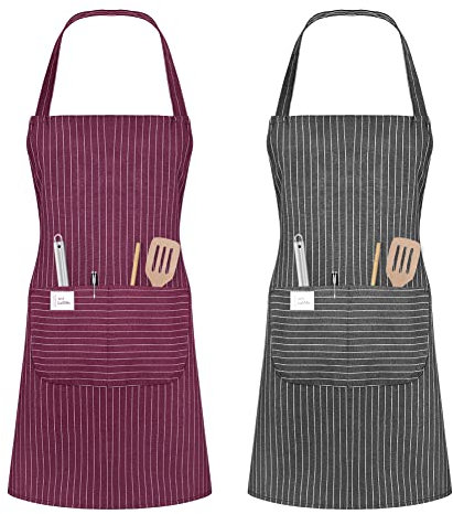 Vicloon Küchenschürze,2 Stück verstellbare Schürze mit 2 Taschen,Maschinenwaschbar, farbecht Schürze für Männer Damen Küche Restaurant Café -Grau & Weinrot