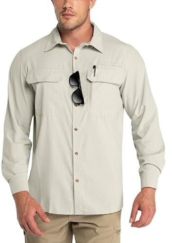Outdoor Ventures Herr Långärmad Skjorta Outdoor Funktionsskjorta Snabbtorkande T-shirts Casual Fritidsskjorta Andningsbar Sportshirt Vår Sommar Höst med fickor för vandring, camping, resor, Beige, M