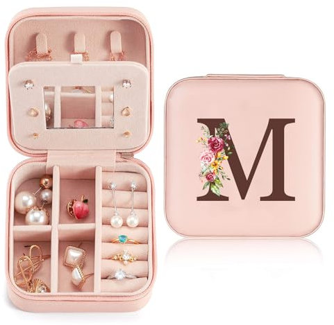 Schmuckkästchen Klein Reise für Damen Mädchen, Schmuckkasten mit initiale M, Mini Schmuckschatulle mit Spiegel für Ringe, Ohrringe, Halskette für Damen Geschenk für Geburtstag, Weihnachten, Muttertag
