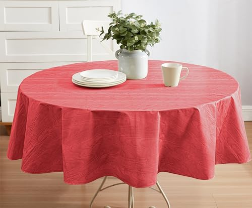 Newbridge Red Moire Wavy Solid Vinyl Flannel Backed Tablecloth, 70 Inch Round, Heavyweight Indoor Outdoor Waterproof Table Cover, Easy Care Wipe Clean