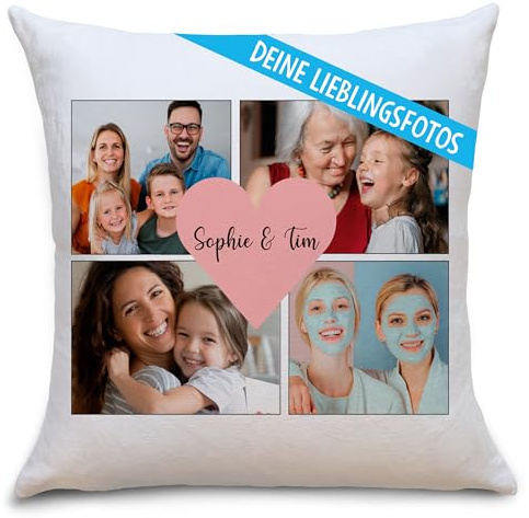 OWLBOOK® Personalisiertes Kissen mit Foto - Fotokissen mit 4 Fotos & Text selbst gestalten - Partner Geschenke zu Weihnachten Valentinstag - Foto Kissen Polster 40 x 40 cm zzgl. Füllung - Herz