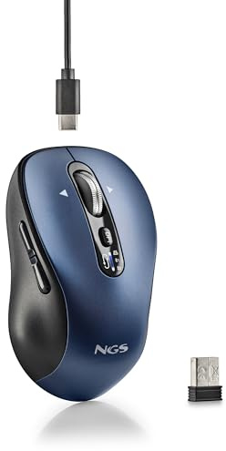 NGS Infinity-RB - Ratón Inalámbrico Recargable, Ratón Ergonómico Multidispositivo, Conexión 2.4 GHz + Bluetooth 5.1, Botones Silenciosos, Rueda Rápida Scroll Lateral, Ambidiestro, DPI Ajustable, Azul