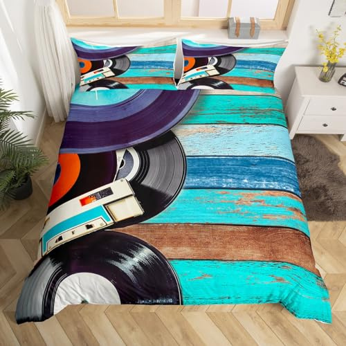 Vintage Musical Bedding Set King Size for Teens,Audio Cassette Music Art Style Comforter Cover with 2 Pillowcases,80s Rustic Tape Record Print Duvet Cover Set Microfiber Quilt Cover
