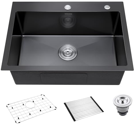 Black Kitchen Sink Drop-In 25 x 18 inch, SINKVINE PVD Nano Stainless Steel Outdoor Sink, Top Mount Large Deep Single Bowl Laundry Basin, w/Drain Strainer, Bottom Grid, Roll-up Drying Unit, Dark Gray