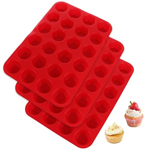 ASelected 3 PCS Mini Muffin Tray 24 Cups, Silicone Muffins Pan Non-Stick Mini Cupcake Tray Reusable Muffin Baking Tray - 34 x 23 x 2.5cm - Red