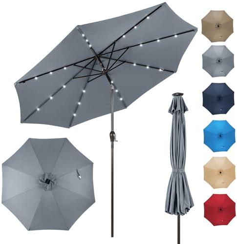 RELAX4LIFE Parasol Inclinable LED 3M à 8 Baleines en Fibre de Verre, Gris | Parasol de Jardin Extérieur avec Éclairage Solaire, Protection Solaire pour Balcon Terrasse Patio Café Bistro
