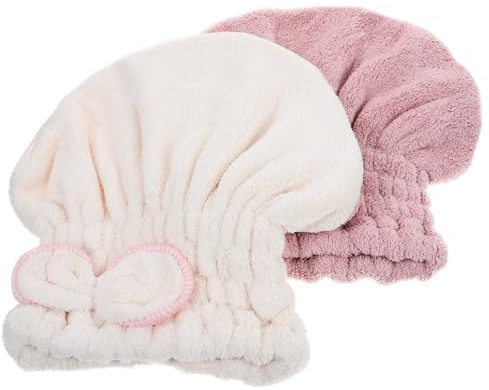 2 Stück Haartrockenhaube aus Mikrofaser mit Schleife | Rosa und Beige, Saugfähig und Schnelltrocknend, Geeignet für Baden und Fitness