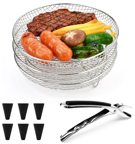 LPAMABA 3 Stück Air Fryer Rack, Edelstahl Stapelbare Körbe für Heißluftfritteuse Airfryer Gittereinsatz Airfryer Gitter Dehydrator Racks mit 6 Silikonfüßen 1 Pinzette für 4,2-5,8 QT-Airfryer, 20cm