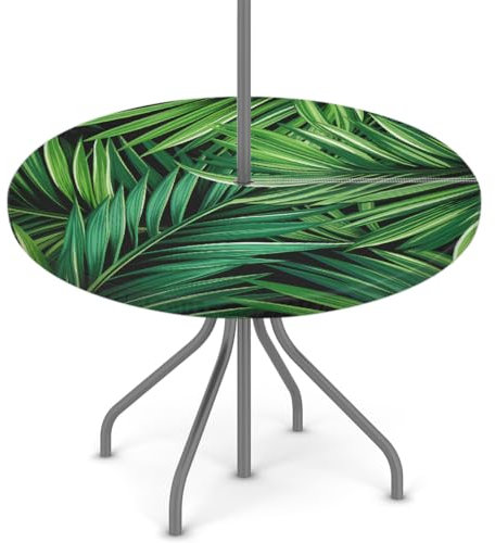 Woltant Tovaglia rotonda con foro per ombrellone e cerniera, facile da pulire, con bordi elastici, protezione per tavolo da esterno, per giardino, patio, barbecue (foglie verdi)