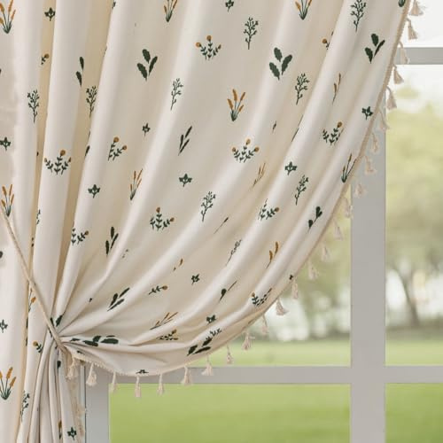 F-CHU Boho Floral Curtains 63 Long Patterned Curtain for Bedroom Cotton Linen Blend Farmhouse Style French Country Orange Floral and Plant Designs Kitchen Curtains 139.7 cm W x 160 cm L