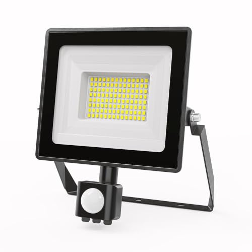 HOFTRONIC Stratos LED Fluter mit Bewegungsmelder & Dämmerungsschalter 50W – 4270 Lumen – 6500K Kaltweiß – IP65 – Außenstrahler mit PIR-Sensor für Garage, Einfahrt, Garten & Terrasse - Schwarz