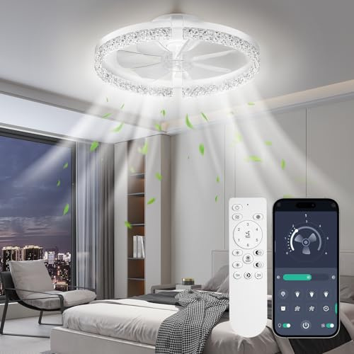 StarryEver Ceiling Fans with Lights and Remote, 46 cm Modern Smart Ceiling Fan, 6 Speeds and 3000K-6500K Dimmable LED Fan Light, Low Profile Ceiling Fan for Bedroom, Living Room, Dining Room, White