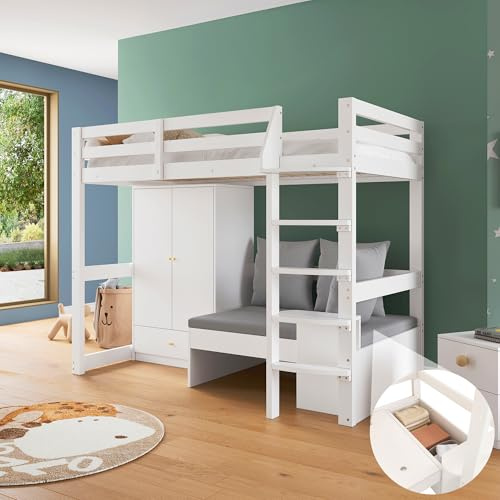 Kebnor Hochbett für Kinder,Multifunktionales Kinderbett, mit eine Leiter, mit Kleiderschrank, Sofa mit Stauraum, DREI Kissen und Auflagen, mit Ablageboden, ohne Matratze, Massivholz, weiß, 90 x 200