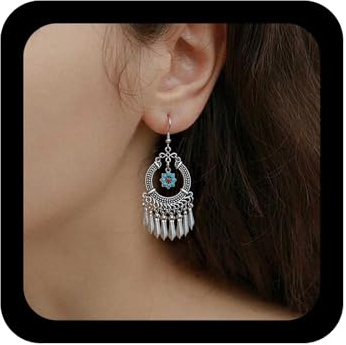 Yheakne Boucles d'oreilles chandelier bohème en filigrane avec franges argentées - Boucles d'oreilles creuses en filigrane - Boucles d'oreilles tribales creuses en forme de fleur turquoise - Bijoux