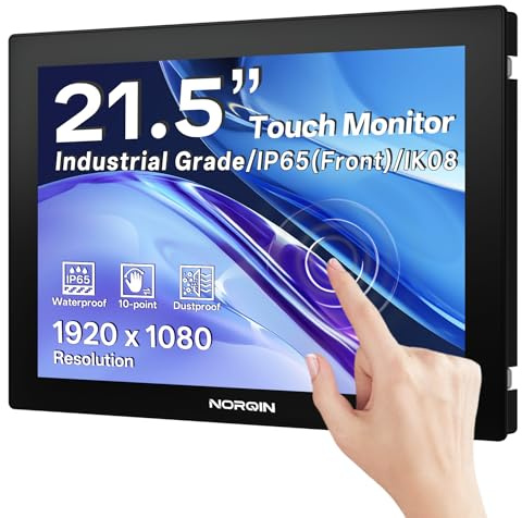 NORQIN Monitor Touchscreen Industriale 21,5 Pollici, IP65 Impermeabile | 1920×1080 LCD Monitor Touch,Capacitivo 10 Punti,Montaggio VESA,HDMI/VGA/DVI/USB,Schermo Robusto per Chioschi,POS & Magazzino