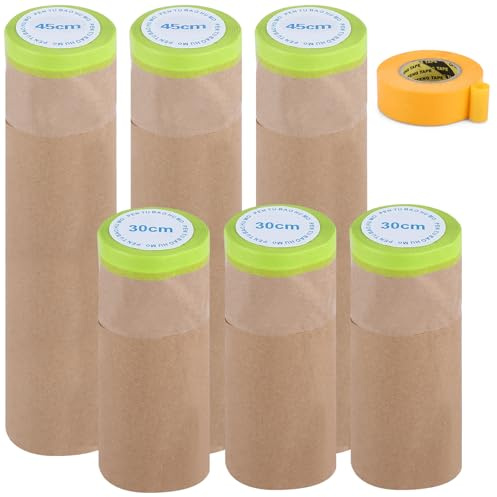 APACALI 6 Rolls Masking Paper, 30cmx15m & 45cmx15m Masking Paper for Spraying, Pre Taped Masking Film, Masking Tape for Painting Furniture Decorating Floor