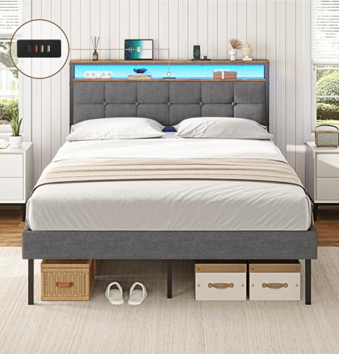 AOGLLATI King Size Bed Frame 150x200 with Storage Upholstered Bed Frame with LED Lights & Charging Station Upholstered Storage Headboard/Under Bed Storage/Noise Free (King-150x200cm)
