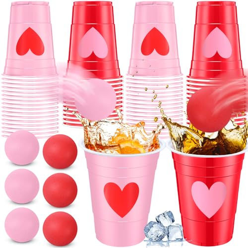 Seenelling 32 Pack Valentine's Day Party Game Set Party Supplies Includes 24 Pcs 16oz Red Pink Beer Cups with Heart Designs and 8 Pcs 1.5in Ball for Galentines Favor Outdoor Birthday Toss Game Adult