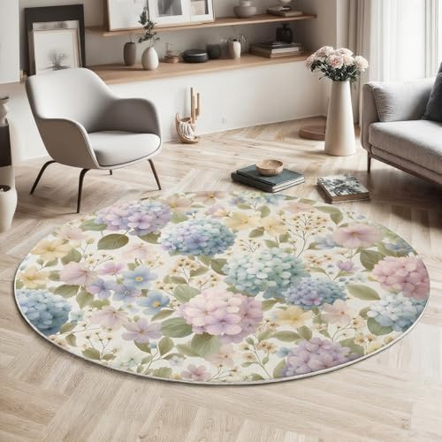 Motivo Floreale Ortensia Tappeto Rotondo,Viola Chiaro Tappeti,180cmmotivi Naturali Piante E Fiori Scendiletto Pelo Corto Rotondi Carpet