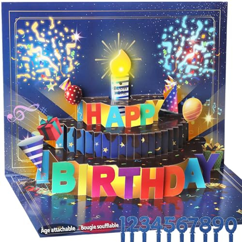 Carte d'anniversaire pop-up 3D avec lumières et son, bougie LED soufflée avec capteur, carte de vœux musicale chantante pour homme, femme, enfant (Bleu)