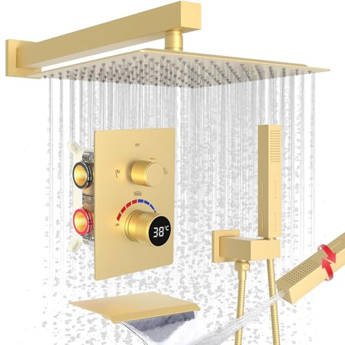Shower Faucet Set with Hydro Power Temperature Display, Shower System Wall Mounted 12 Inches Shower Head with Tub Spout and Dual Function Handheld Spray, 3 Way Digital Shower Valve, Brushed Gold