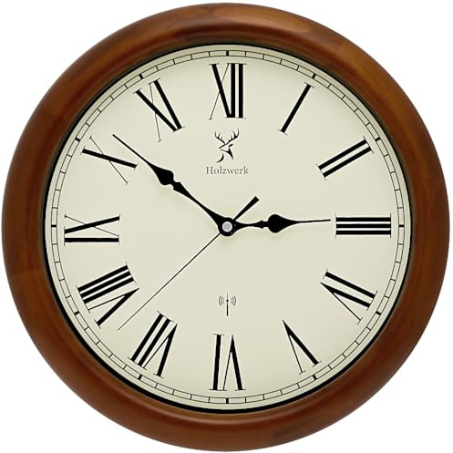 Holzwerk WILDBERG Orologio da parete radiocontrollato (radiocontrollato), 35 cm, stile vintage, in legno, rotondo, con numeri romani, movimento quasi silenzioso, in legno massiccio, 35 cm, marrone e