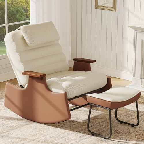 SAOOZBE - Silla mecedora con taburete, sillón oscilante con respaldo ajustable en 3 posiciones, sillón relax con suave reposacabezas, sillón de salón, para sala de estar, balcón, jardín (Cord, Beige A