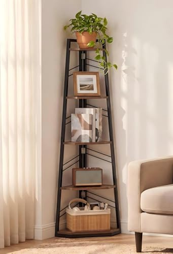 YITAHOME Eckregal, Bücherregal mit 5 Ebenen, Leiterregal, Aufbewahrungsregal, Pflanzenregal für Wohnzimmer, Industrial-Design, mit Stahlrahmen, vintagebraun-schwarz