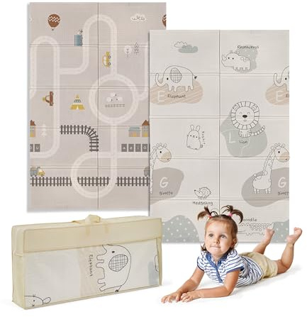 MS BabyWorld - Trendy - Alfombra de Juegos para Bebé 3 tamaños a elegir- Doble Cara, Tapete Muy acolchado (1cm Grosos), Plegable y con Bolsa de transporte (180 * 120, Rhino/Coche)
