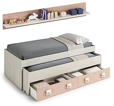 Habitdesign – Cama Doble Juvenil con 2 Cajones y Estante, Cama Nido Infantil, Color Blanco Alpes y Rosa Pastel, 199x96x69 cm – Modelo Nube