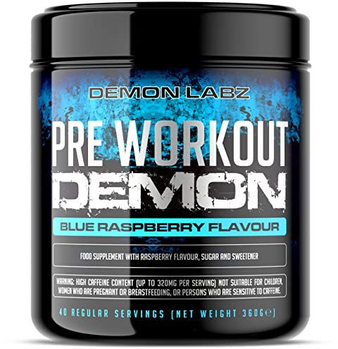 Pre Workout Demon - Pre Workout Powder, Creatine (Blue Raspberry, 360g) | Pre-workout powder with 160mg caffeine per scoop plus creatine, beta-alanine, citrulline, glutamine and taurine - vegan