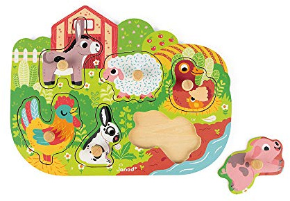 Janod J07096 „Happy Farm“ Holzpuzzle, 6 Teile, Kleinkinderspielzeug, für Kinder ab 18 Monaten