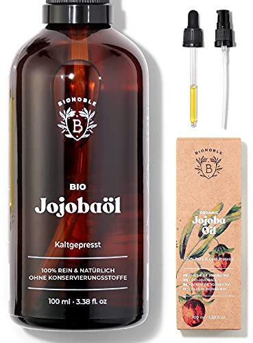 Bionoble Jojobaöl Bio 100ml - 100% Rein, Natürlich und Kaltgepresst - Gesicht, Körper, Haare, Bart, Nägel - Vegan und Cruelty Free - Jojoba Oil - Glasflasche + Pipette + Pumpe