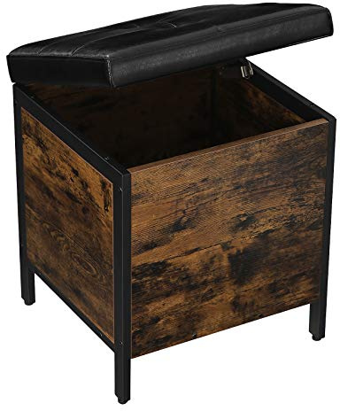 VASAGLE Sittpall, sittbänk, sängkista med förvaringsutrymme, vadderad kista, hall, sovrum, vardagsrum, metall, enkel konstruktion, konstläder, industriell stil, vintagebrun-svart LSB50BX