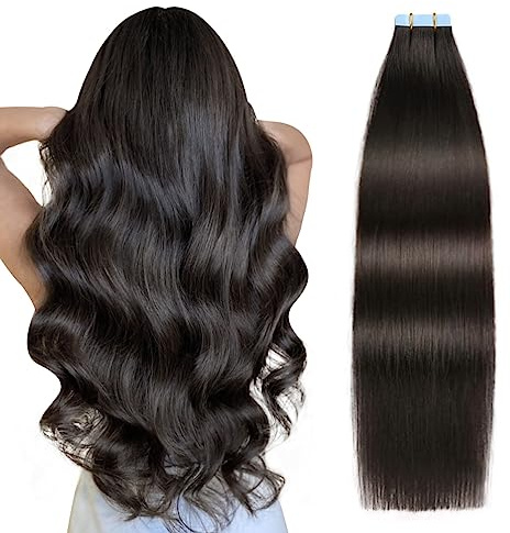 SUYYA Tape In Hair Extensions Human Hair 12 Inch #1B Natural Black | Remy Human Hair, Straight Texture, Natural Length & Volume, Invisible Skin Weft, 20 Pieces 40g, Seamless Blend