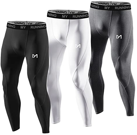MEETYOO kompressionsbyxor herr, sport leggings andas fitness tights funktionella underkläder långa för löpning vandring cykling, Svart + vit + grå, M