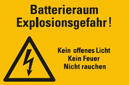 Aufkleber Batterieraum Explosionsgefahr! Kein offenes Licht Kein Feuer Nicht rauchen Warnung Verbot ISO 7010 Schild 12x20cm Made in Germany by MBS-SIGNS