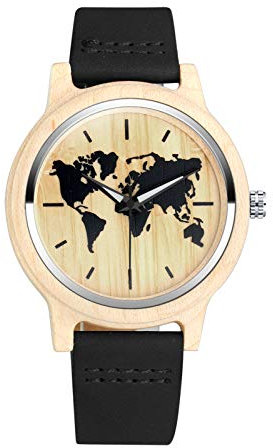 MicLee Herren Damen Unisex Bambus Weltkugel Weltkarte Holzuhr Analog Quarzwerk Armbanduhr mit Lederband Für Frauen Männer Geschenke