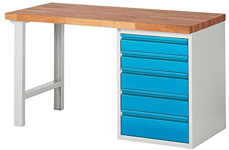 STIER Werkbank Premium mit 5 Schubladen BxTxH 1500x700x890mm RAL 7035 / RAL 5012