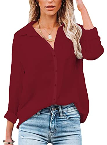 NONSAR - Blusa para Mujer de Manga Larga y Cuello de Pico, con Botones, Elegante, Informal, para el Trabajo