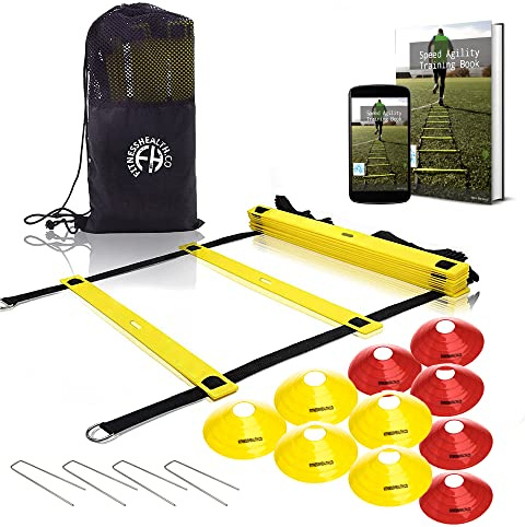 Fitness Health - Speed & Agility Fußball Trainingsset, 4 Meter Premium Agility Leiter und 10 Sportkegel, Metallheringe & Tragetasche