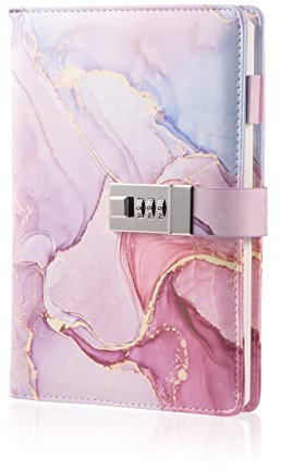 Marble Diary with Lock for Girls and Women, A5 Leather Locked Journal for Teen Girls, Secret Cute Password Lock Notebooks with Pen Holder for Travel Diary Office Notepad
