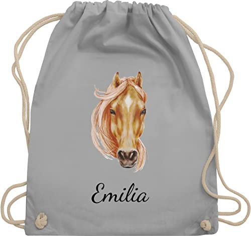 Turnbeutel Rucksack - Pferd Pferde - Wunschname Pferdekopf - hellbraun - Unisize - Hellgrau - turnsack mädchen pferderucksäcke pferden beutel pferderucksack pferdemotiv stoffbeutel